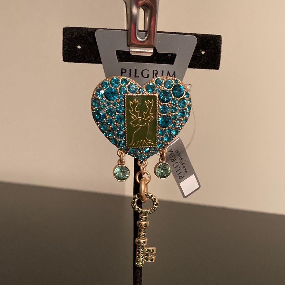 Pilgrim Teal Heart Brooch with Key Charm